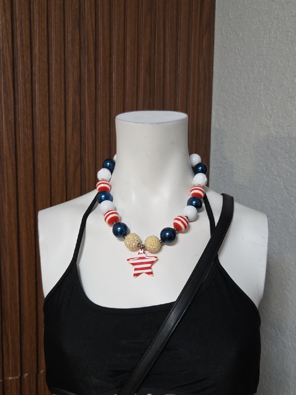 Patriotic Red White & Blue Beaded Star Necklace Handmade